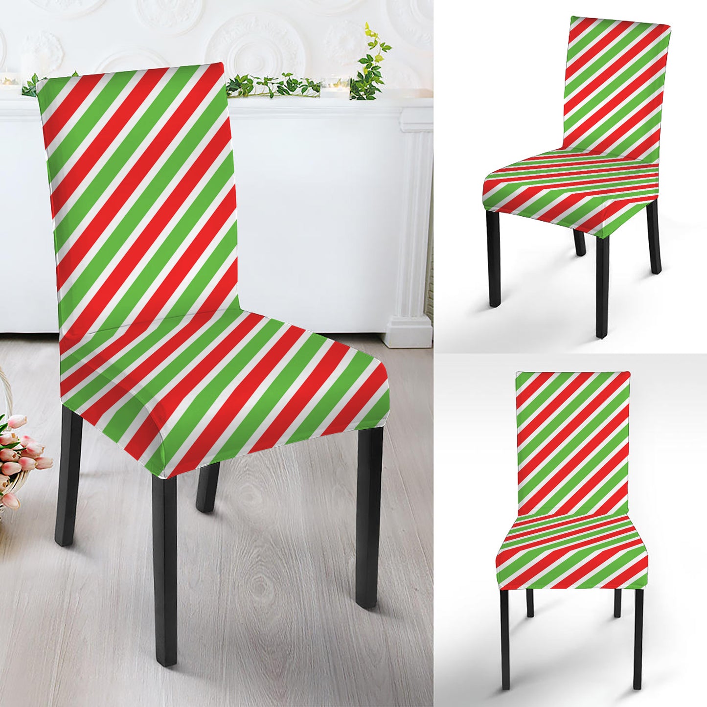Red Green And White Candy Cane Print Dining Chair Slipcover