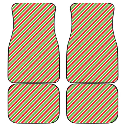 Red Green And White Candy Cane Print Front and Back Car Floor Mats