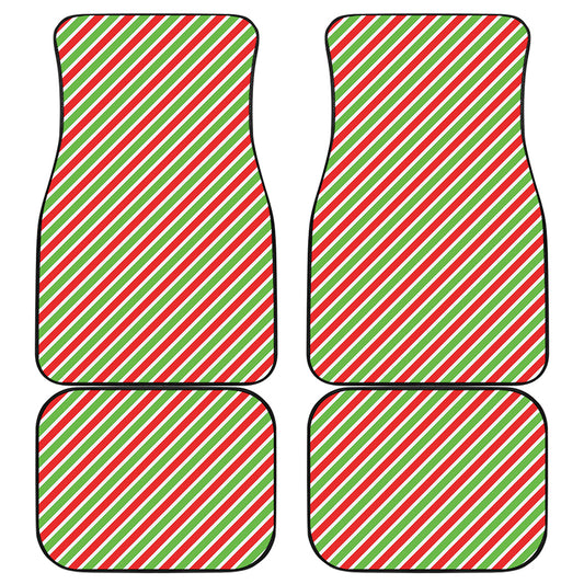 Red Green And White Candy Cane Print Front and Back Car Floor Mats
