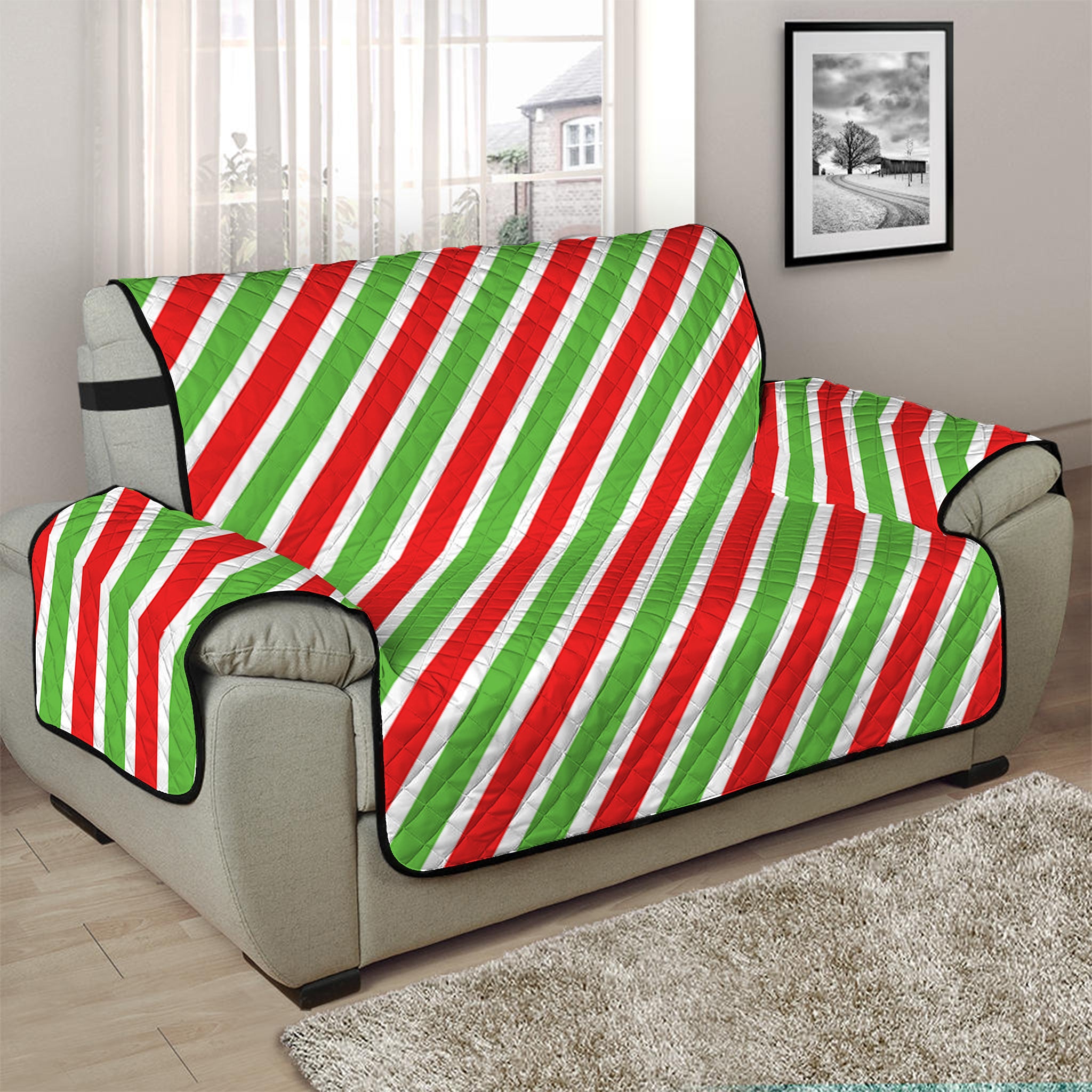 Red Green And White Candy Cane Print Half Sofa Protector