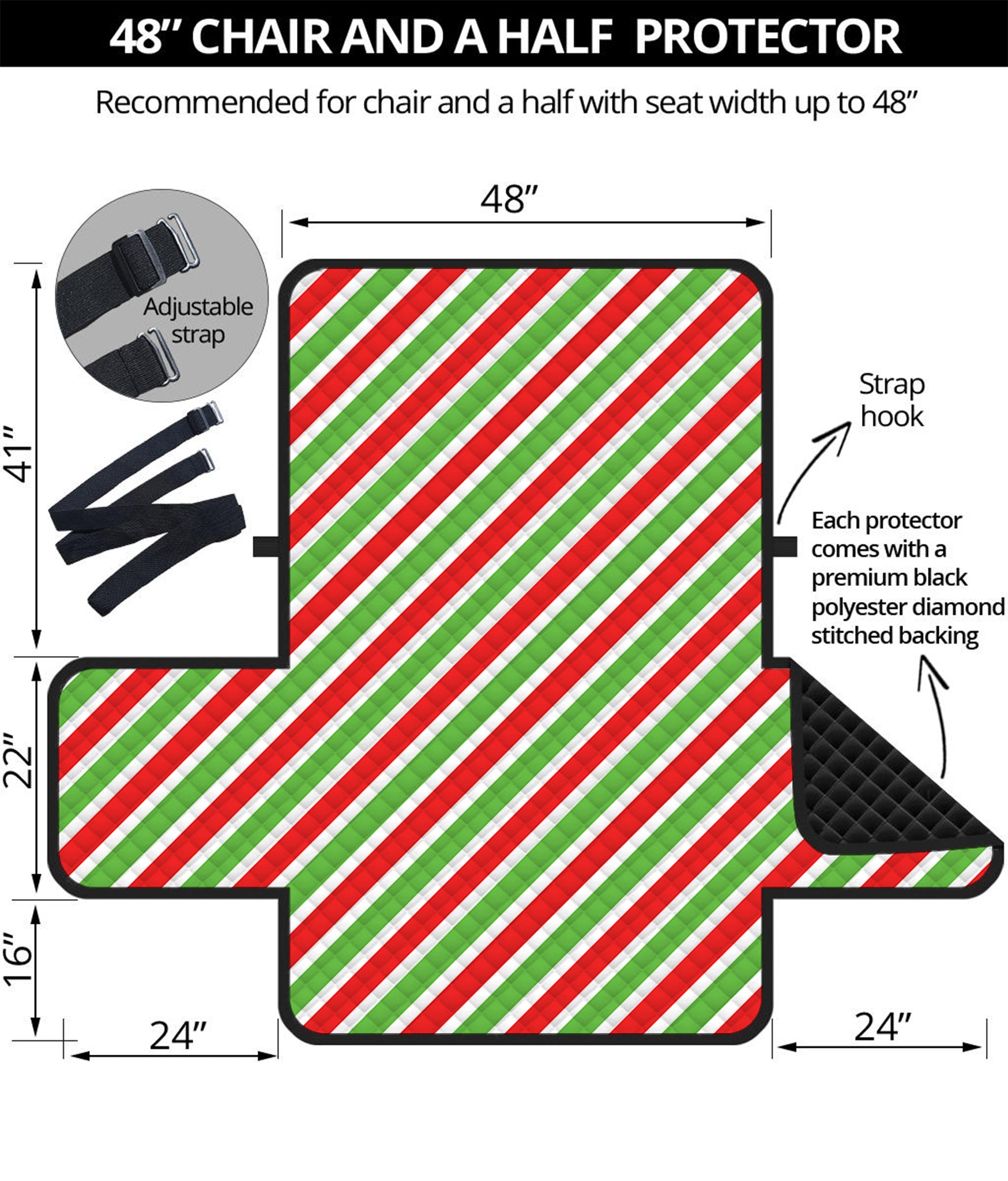 Red Green And White Candy Cane Print Half Sofa Protector