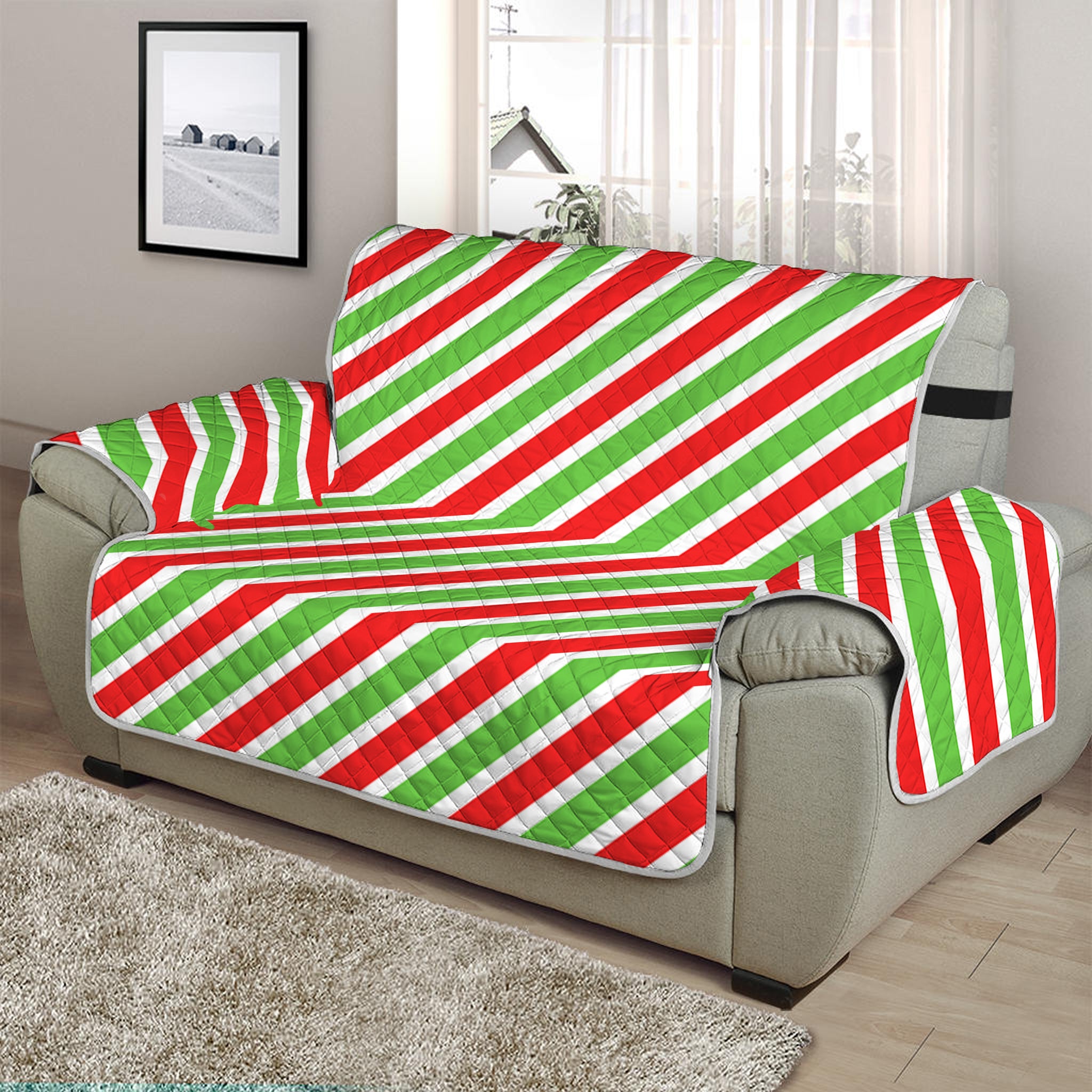 Red Green And White Candy Cane Print Half Sofa Protector