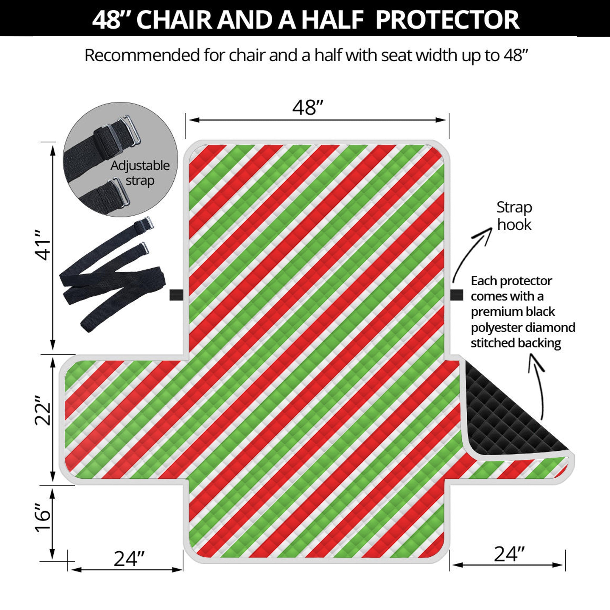 Red Green And White Candy Cane Print Half Sofa Protector