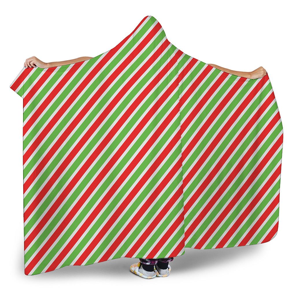Red Green And White Candy Cane Print Hooded Blanket