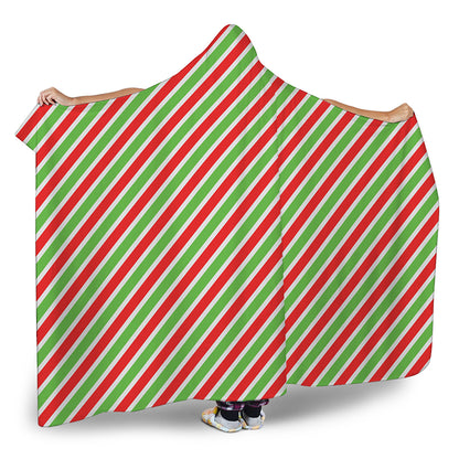 Red Green And White Candy Cane Print Hooded Blanket