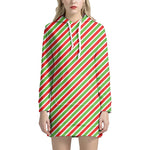 Red Green And White Candy Cane Print Hoodie Dress