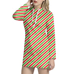 Red Green And White Candy Cane Print Hoodie Dress