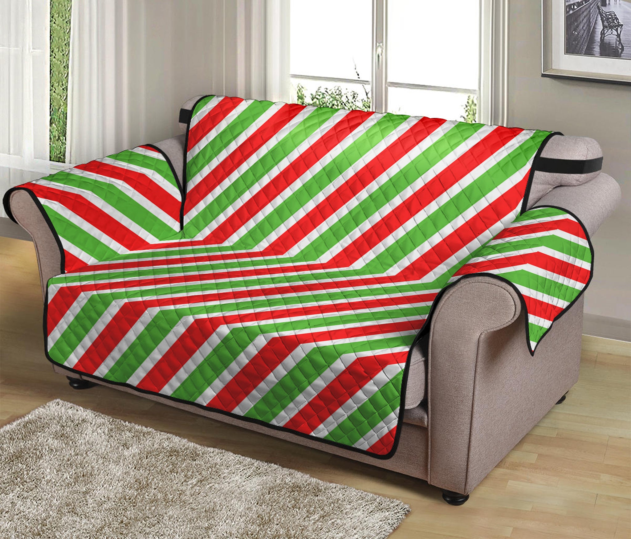 Red Green And White Candy Cane Print Loveseat Protector