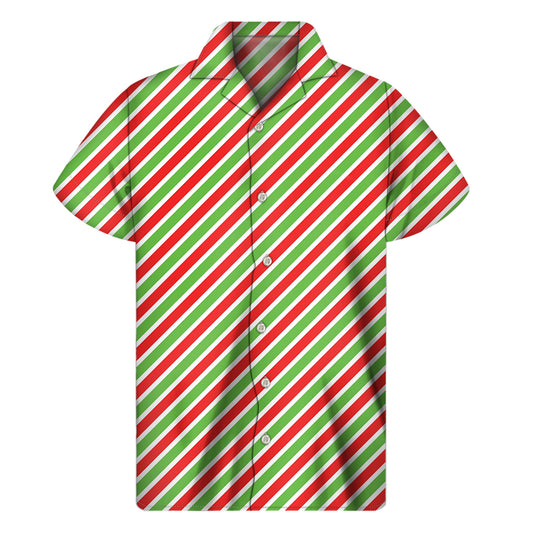 Red Green And White Candy Cane Print Men's Short Sleeve Shirt