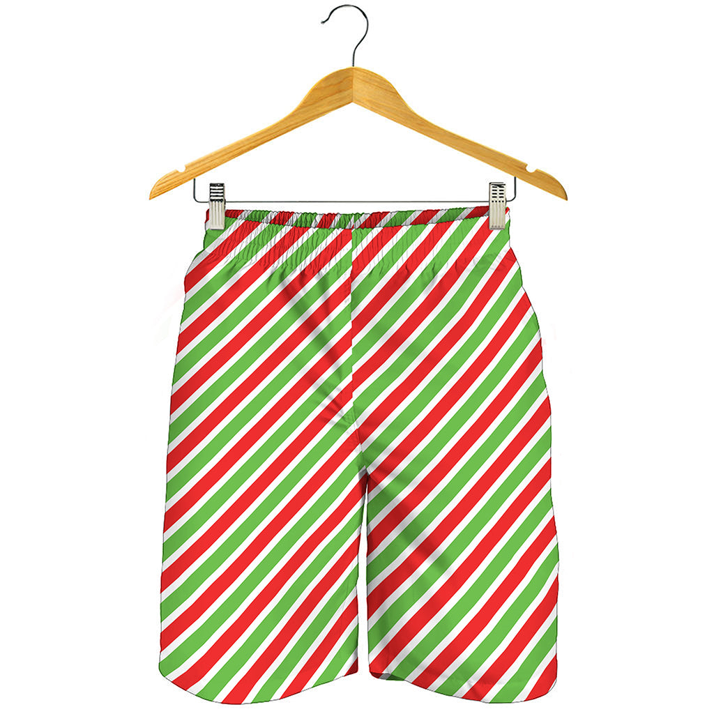 Red Green And White Candy Cane Print Men's Shorts