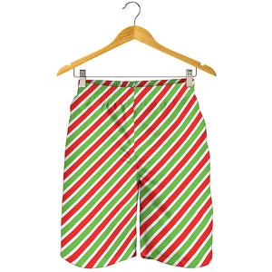 Red Green And White Candy Cane Print Men's Shorts