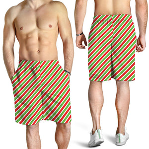 Red Green And White Candy Cane Print Men's Shorts