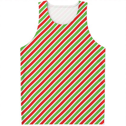 Red Green And White Candy Cane Print Men's Tank Top