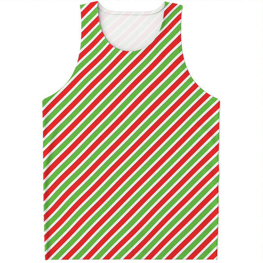 Red Green And White Candy Cane Print Men's Tank Top