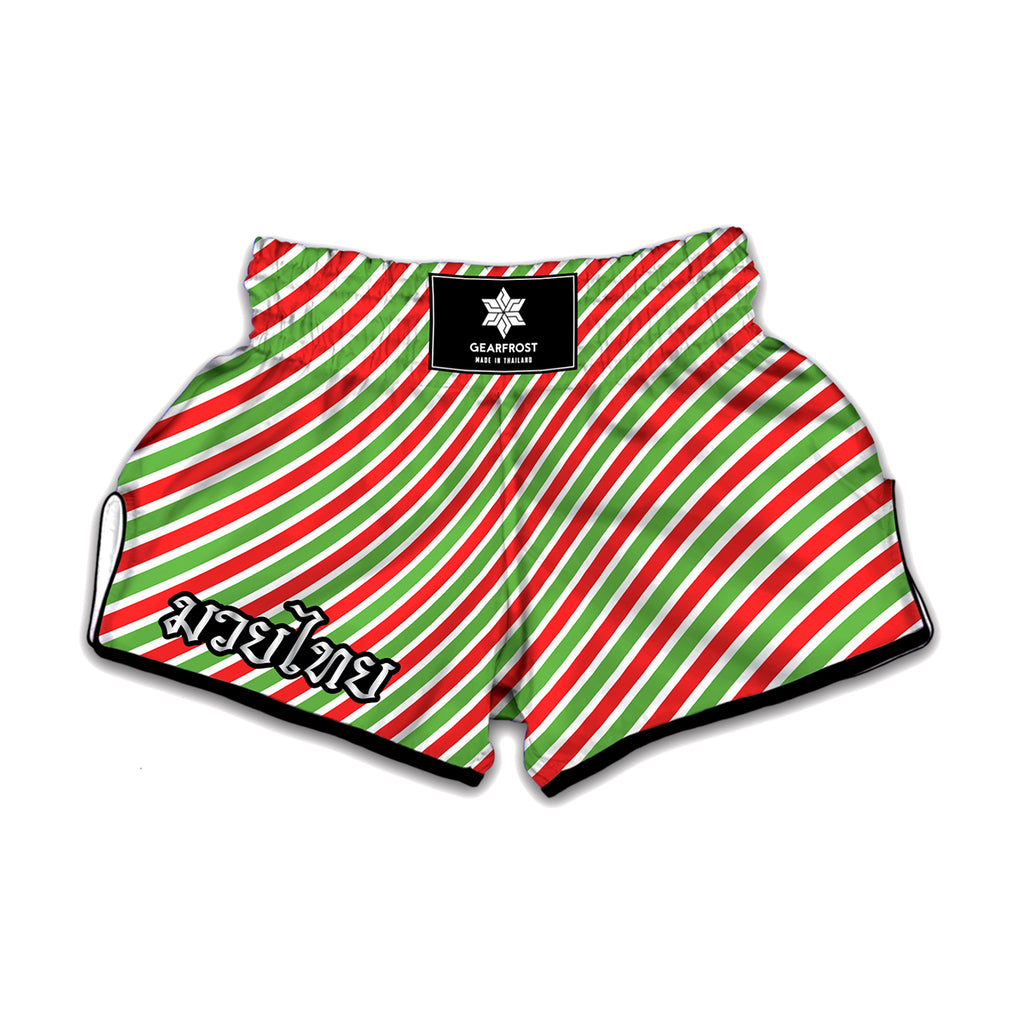 Red Green And White Candy Cane Print Muay Thai Boxing Shorts