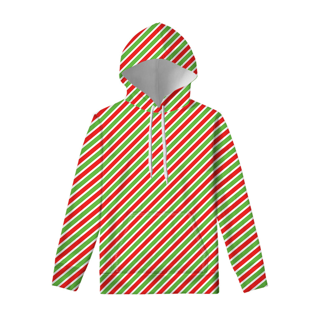 Red Green And White Candy Cane Print Pullover Hoodie