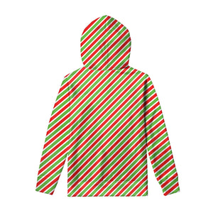 Red Green And White Candy Cane Print Pullover Hoodie