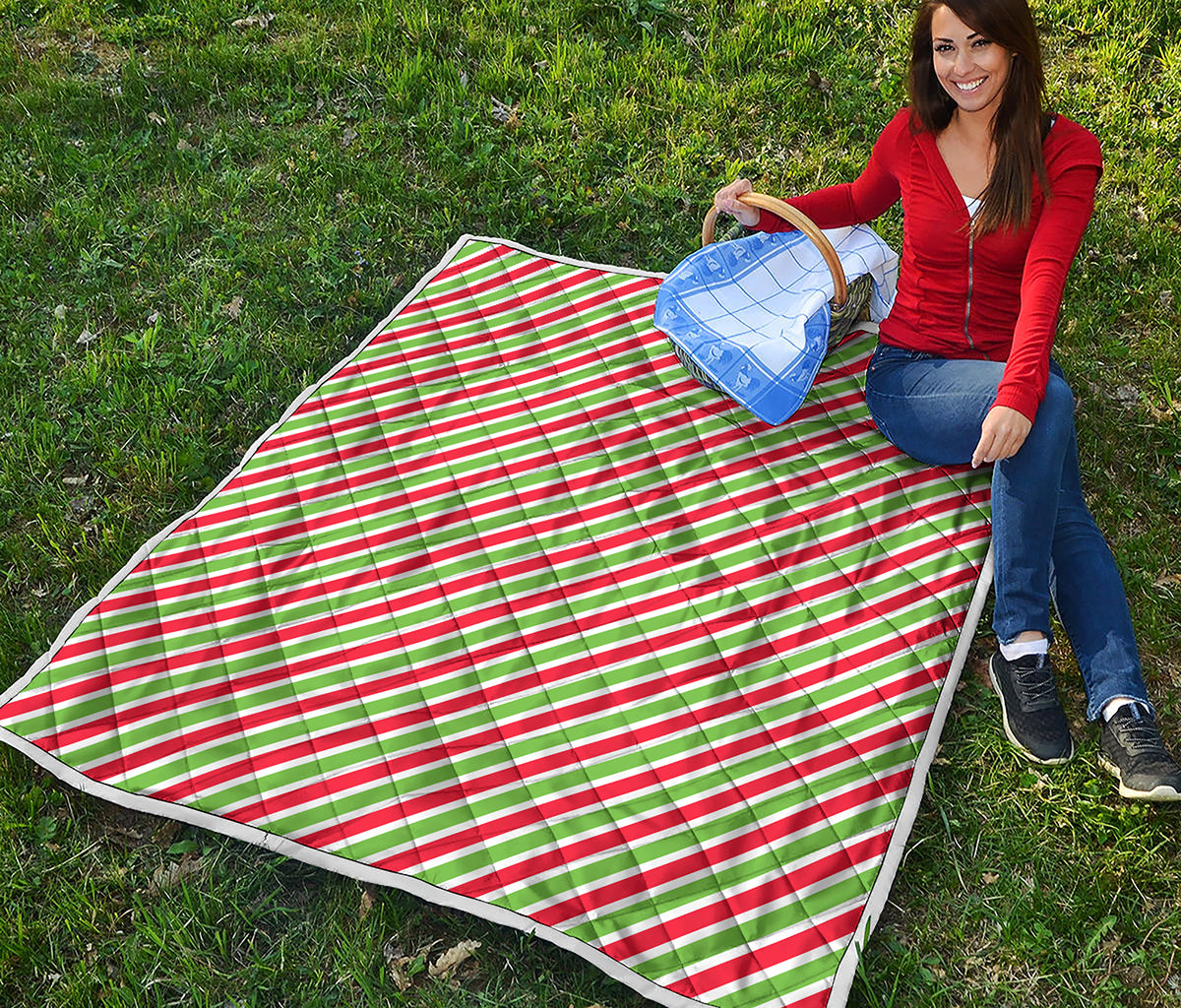 Red Green And White Candy Cane Print Quilt