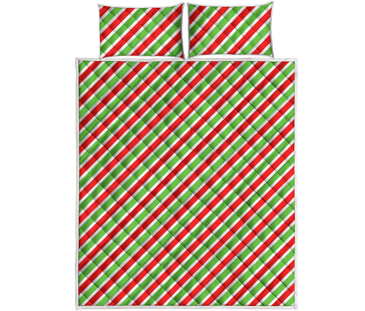 Red Green And White Candy Cane Print Quilt Bed Set