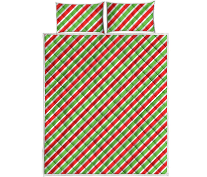 Red Green And White Candy Cane Print Quilt Bed Set