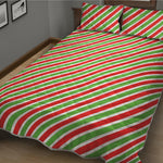 Red Green And White Candy Cane Print Quilt Bed Set