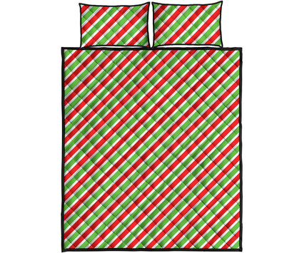 Red Green And White Candy Cane Print Quilt Bed Set