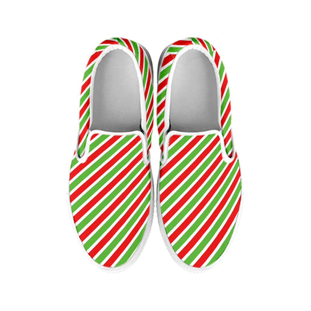 Red Green And White Candy Cane Print White Slip On Shoes