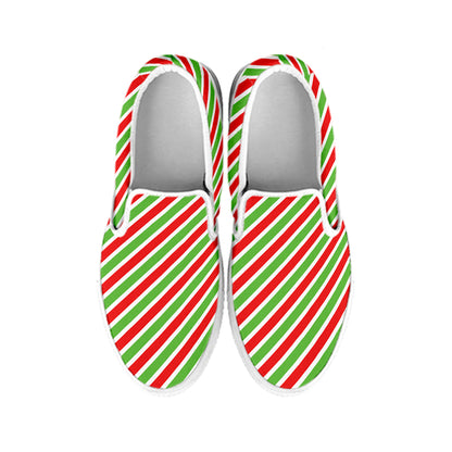 Red Green And White Candy Cane Print White Slip On Shoes