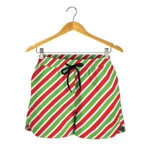 Red Green And White Candy Cane Print Women's Shorts