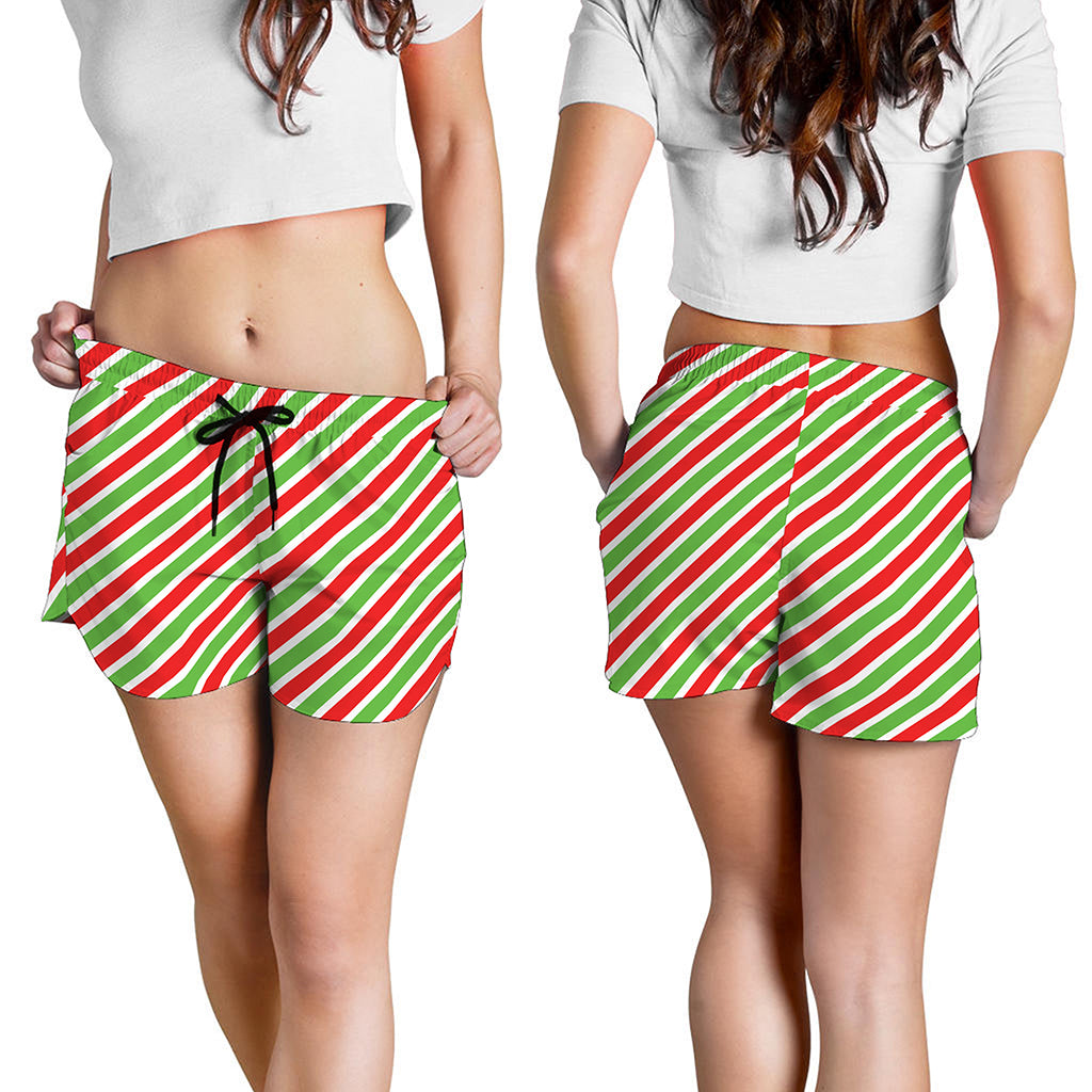 Red Green And White Candy Cane Print Women's Shorts