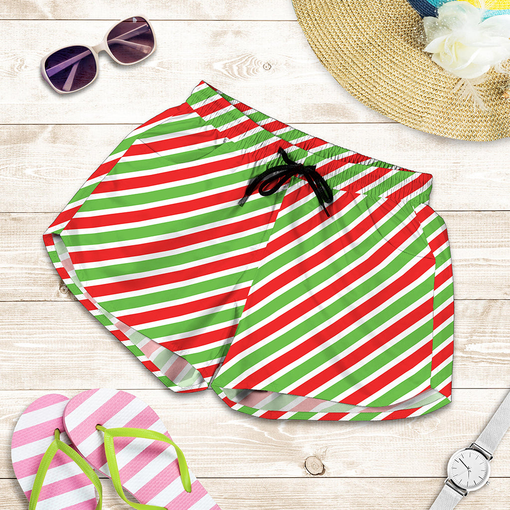 Red Green And White Candy Cane Print Women's Shorts