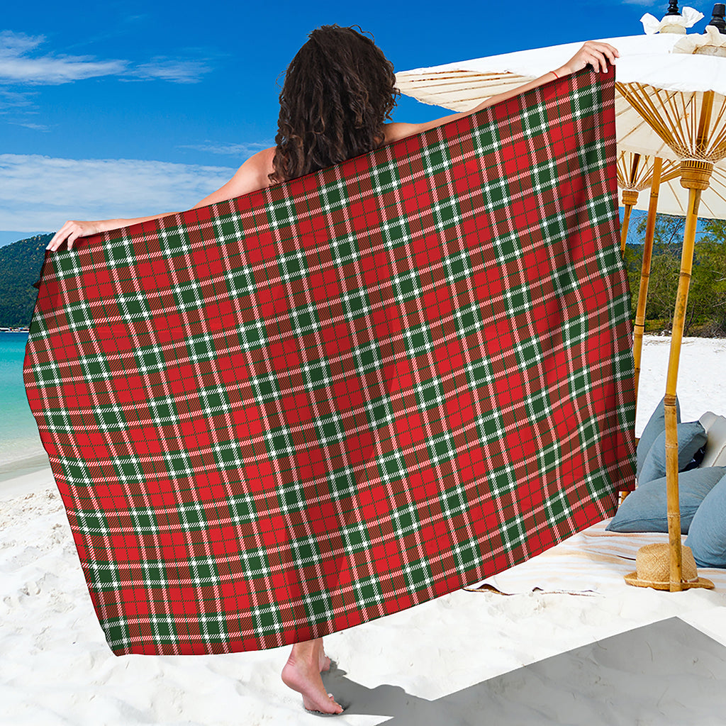 Red Green And White Tartan Pattern Print Beach Sarong Wrap