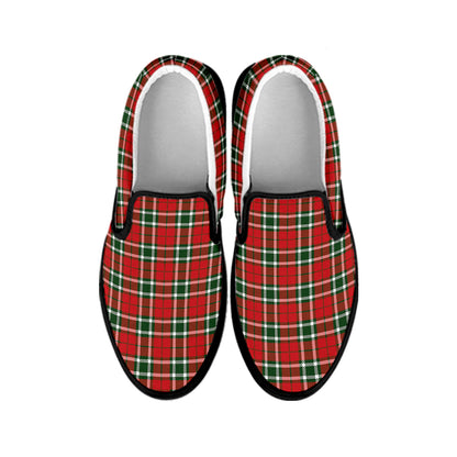Red Green And White Tartan Pattern Print Black Slip On Shoes