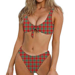 Red Green And White Tartan Pattern Print Front Bow Tie Bikini