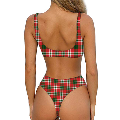 Red Green And White Tartan Pattern Print Front Bow Tie Bikini