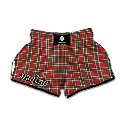 Red Green And White Tartan Pattern Print Muay Thai Boxing Shorts