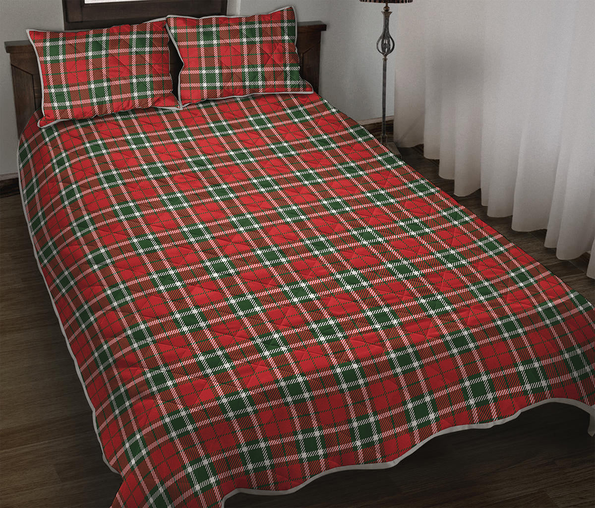 Red Green And White Tartan Pattern Print Quilt Bed Set