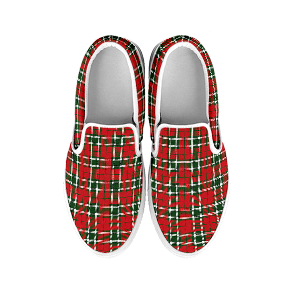 Red Green And White Tartan Pattern Print White Slip On Shoes