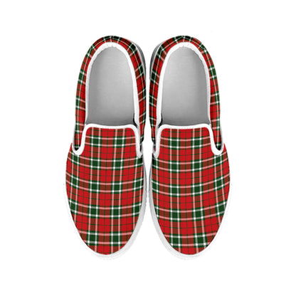 Red Green And White Tartan Pattern Print White Slip On Shoes