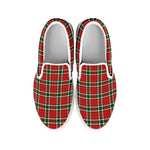 Red Green And White Tartan Pattern Print White Slip On Shoes