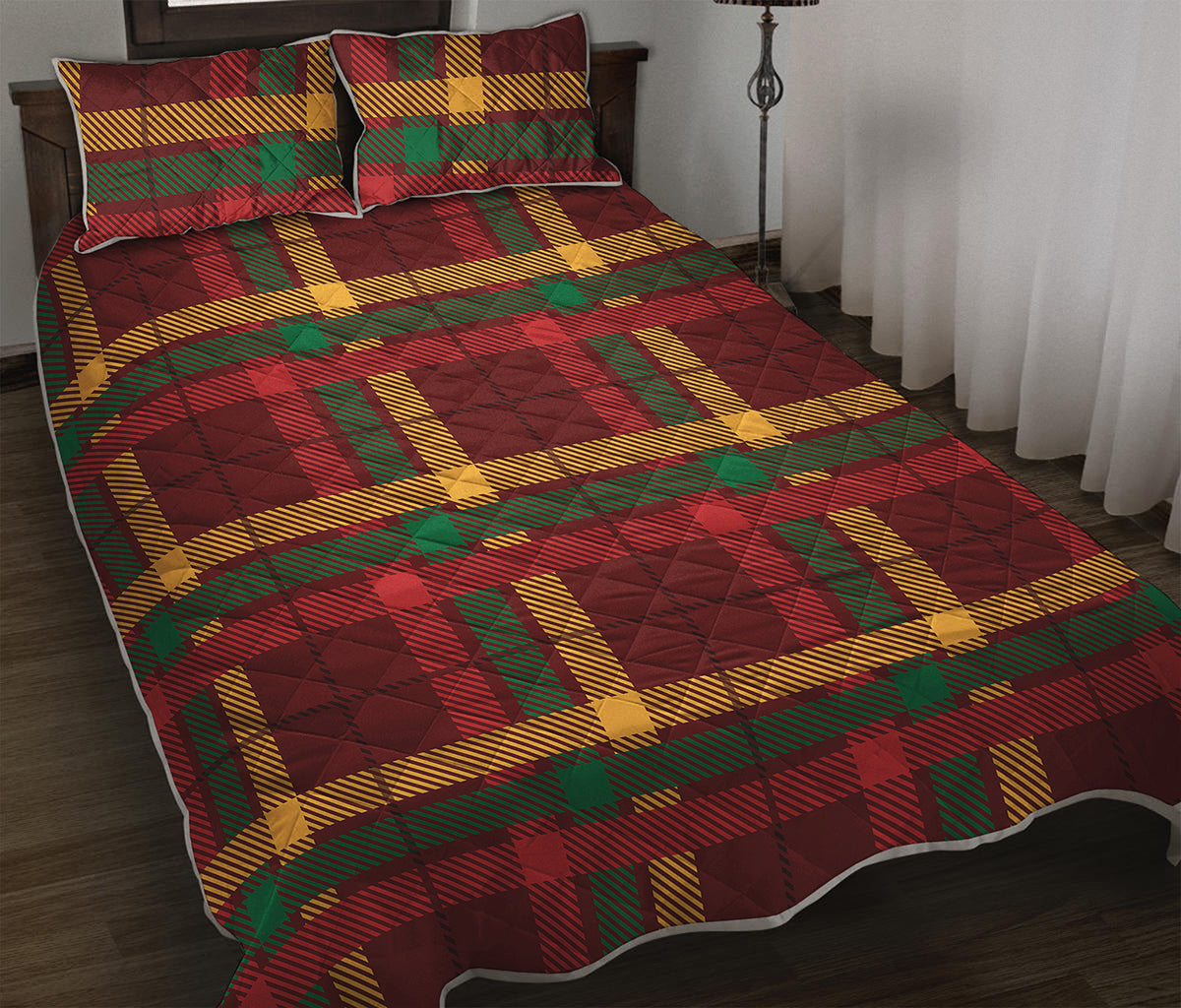 Red Green And Yellow Stewart Print Quilt Bed Set