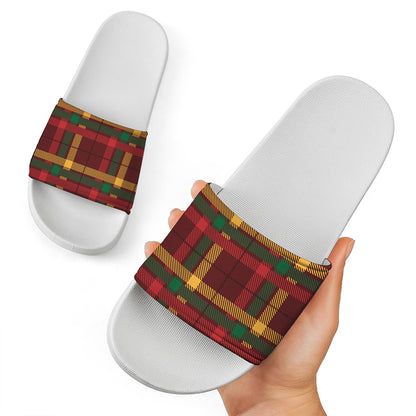 Red Green And Yellow Stewart Print White Slide Sandals