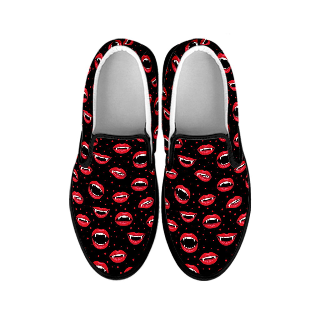 Red Halloween Vampire Lips Pattern Print Black Slip On Shoes
