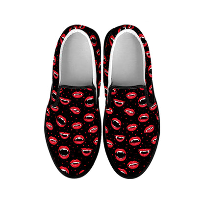 Red Halloween Vampire Lips Pattern Print Black Slip On Shoes