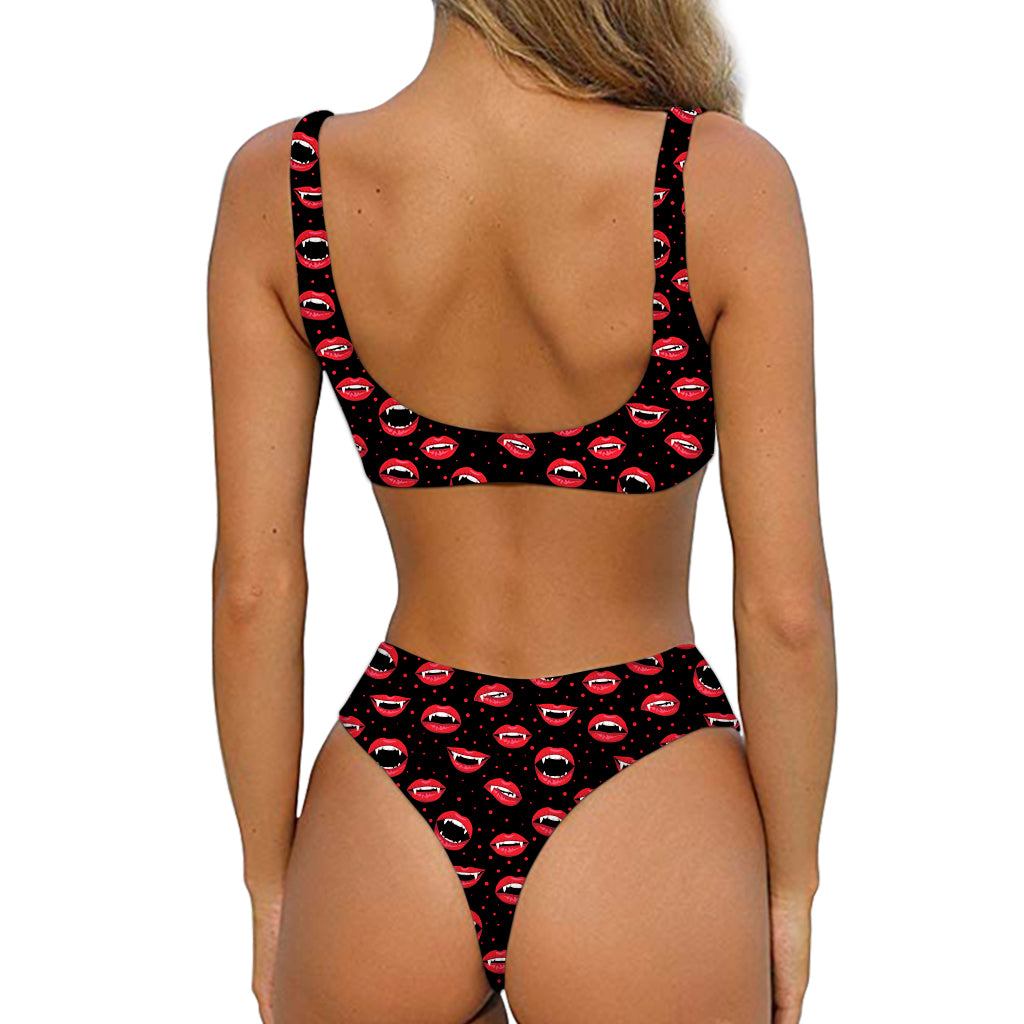 Red Halloween Vampire Lips Pattern Print Front Bow Tie Bikini