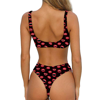 Red Halloween Vampire Lips Pattern Print Front Bow Tie Bikini