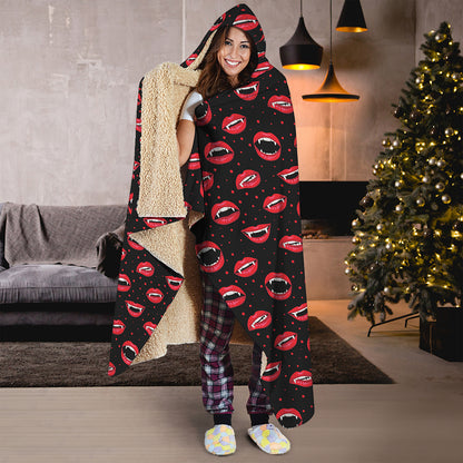 Red Halloween Vampire Lips Pattern Print Hooded Blanket
