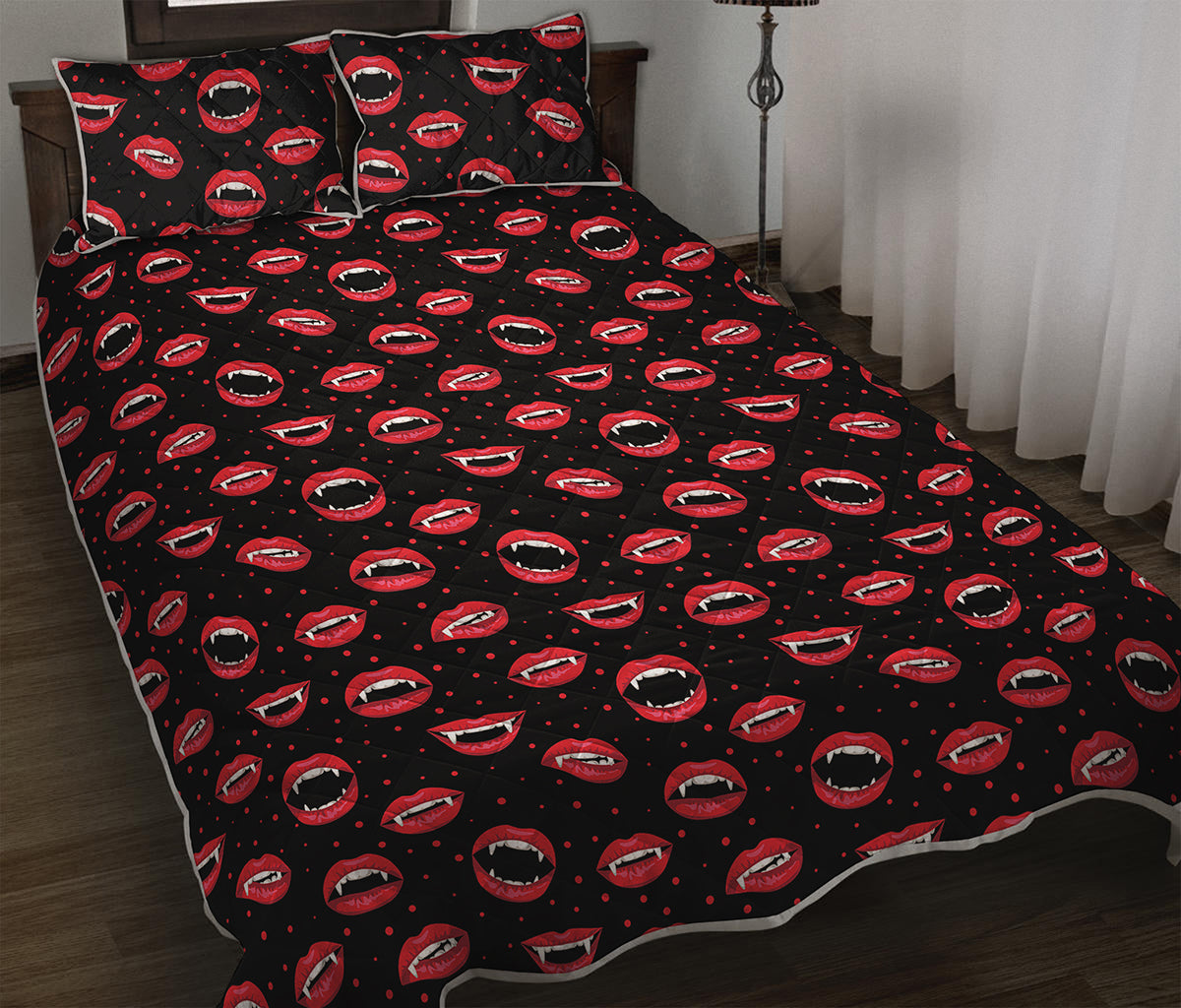 Red Halloween Vampire Lips Pattern Print Quilt Bed Set