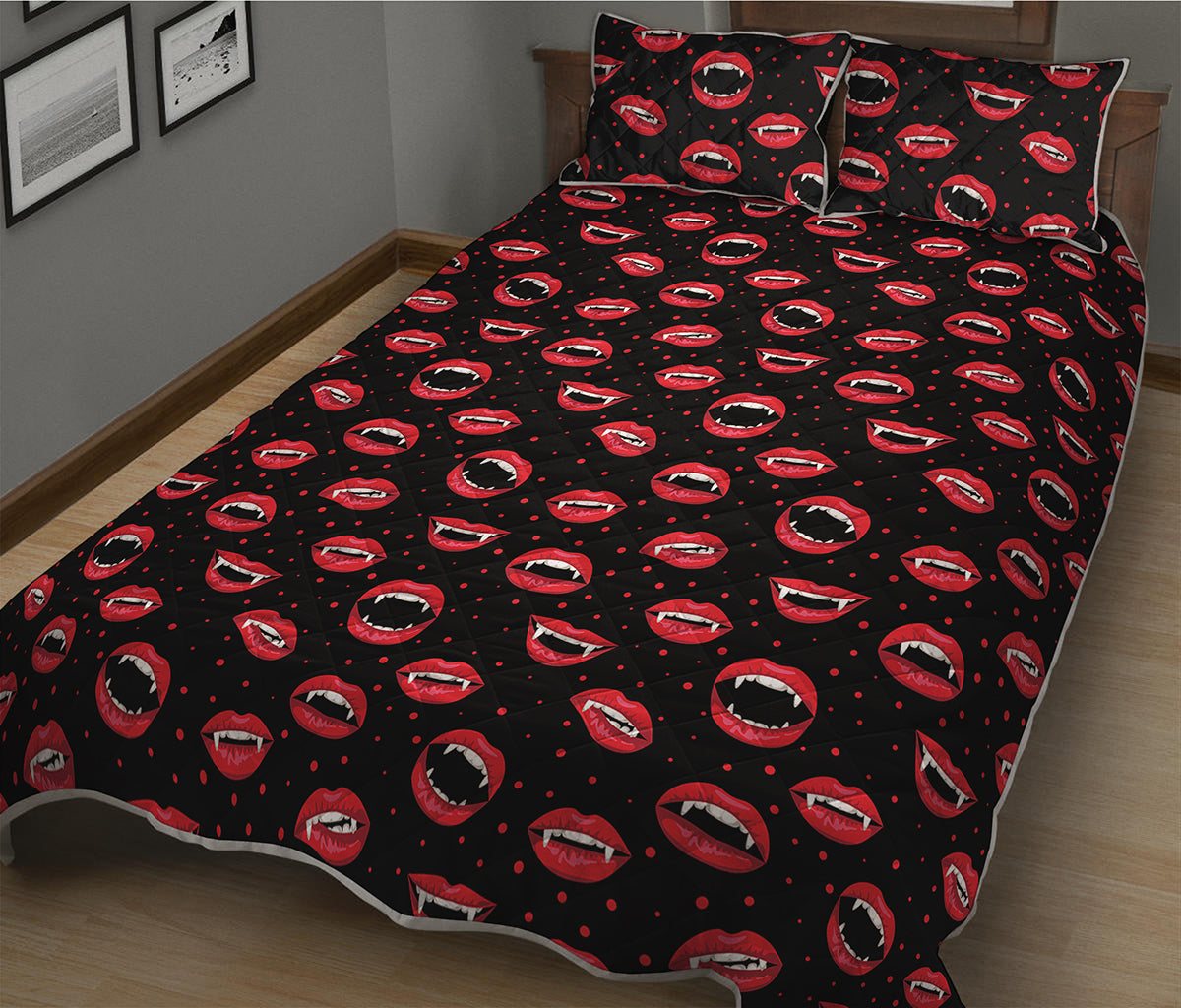 Red Halloween Vampire Lips Pattern Print Quilt Bed Set