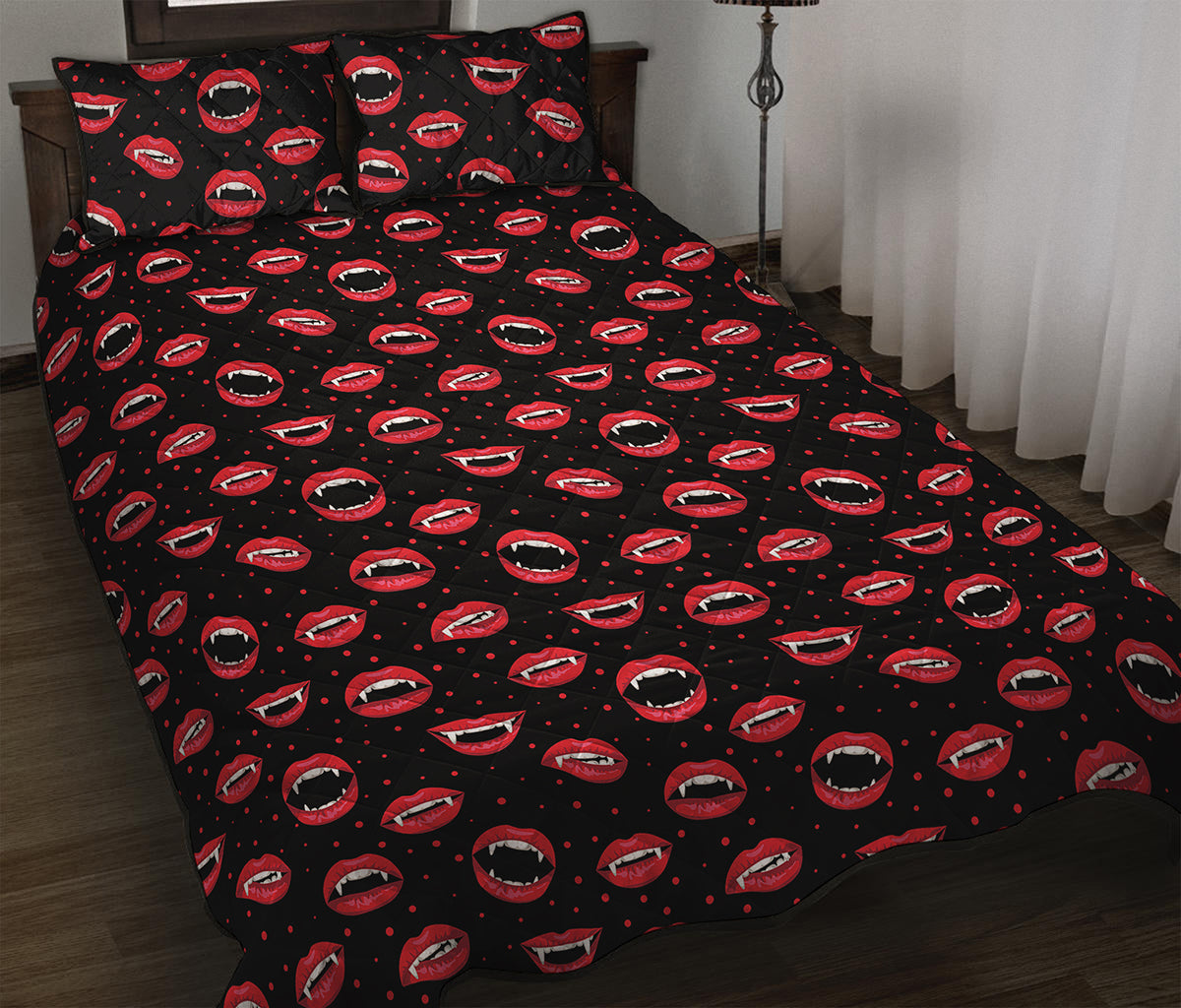 Red Halloween Vampire Lips Pattern Print Quilt Bed Set